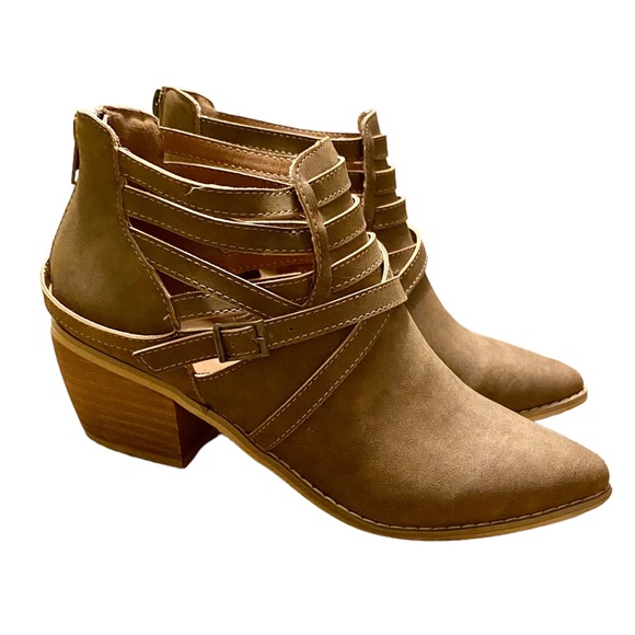 Mi.iM Shoes - MI.IM BROWN CAGED STRAPPY BACK ZIP ANKLE BOOTS BROWN BOOTIES STACKED HEEL 6.5
